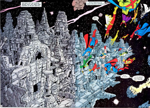 Crisis on Infinite Earths panel : antimonitors home base with heroes flying in