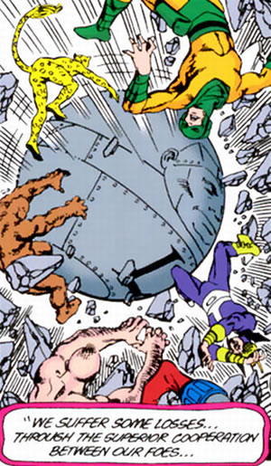 Crisis on Infinite Earths panel : lead of the metal men attacks villains