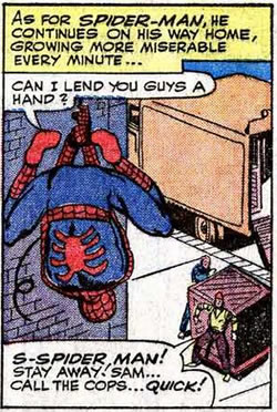 spider-man hanging upside down