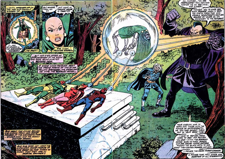 moondragon comes upon the dark rider holding spider-man, scarlet witch, doctor doom, and the vision hostage