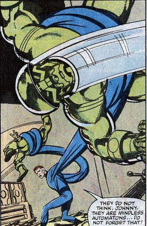 Fantastic Four panel : mr. fantastic tosses some doom bots around