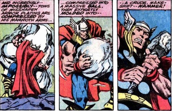 thor molds a metal fuselage into a hammer with his bare hands