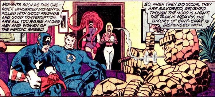 The Thing, Mr. Fantastic, Captain America, Medusa, and Sharon having coffee in the Baxter Building