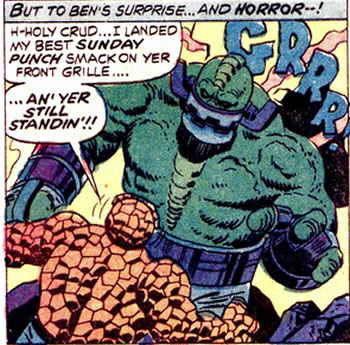 The Monster of Badoon shrugs off the Thing's strongers punch