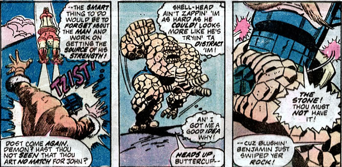Iron Man distracts Prester John with his repulsor ray while the Thing grabs the Power Stone