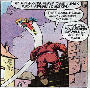 The Thing looks on helplessly as Spider-Woman flies off with Alicia