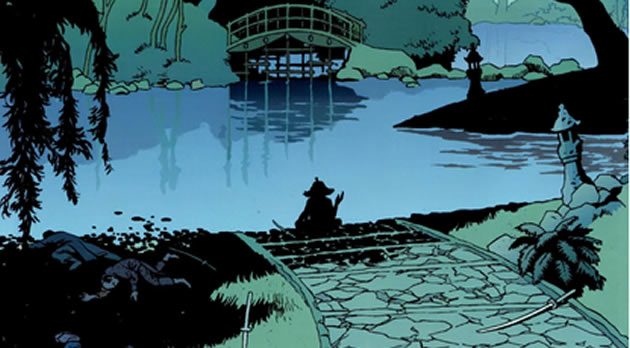 Deadpool sitting in the midst of a Japanese garden in 5 Ronin