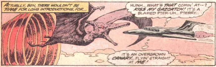 A flying pterodactyl attacks an experimental plane flown by the Thing
