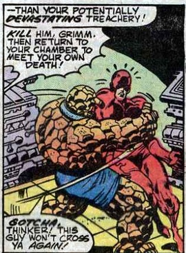 The Thing has Daredevil in a bear hug