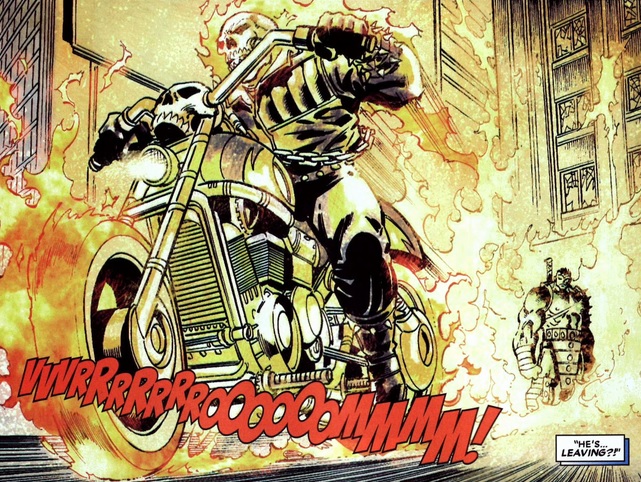 Ghost Rider rides away from the Hulk